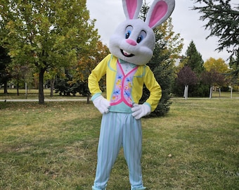 Disfraz de mascota de conejo de Pascua colorido: personaje profesional para eventos, animadores y promociones.