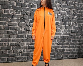 orange boiler suit fancy dress Adult Prisoner Costume: Orange Jumpsuit & Ball
