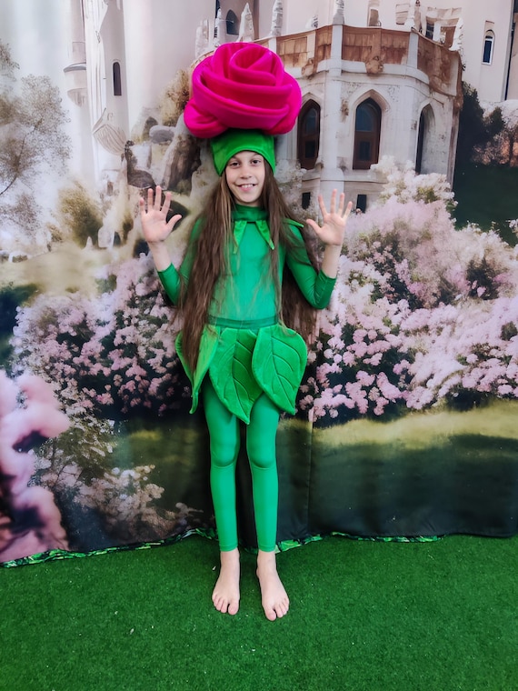 Rose Costume for Girls: Velvet Jumpsuit, Hat, Skirt - Halloween, Cosplay