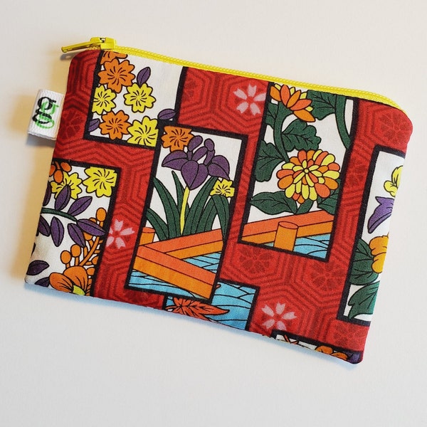 Padded Mini Zip Pouch purse Gadget Coin Case - Japanese geisha stamp asian Hanafuda card game print