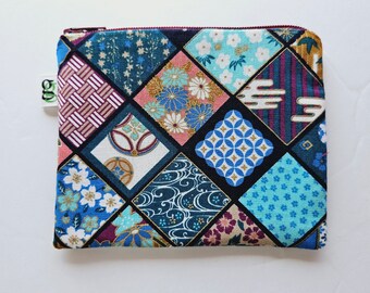 Padded Zip Pouch purse Gadget Coin Case with Japanese Asian print traditional gold inspired print