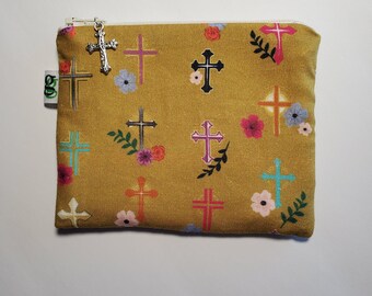 Rosary Bag Pouch Small Zip Pouch purse Ladies or Men Catholic Gift, Mother Mary, Cross Print groovygurls