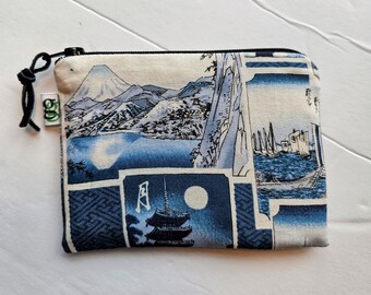 Padded Zip Pouch purse Gadget Coin Case with leather pull Japanese Asian print Hokusai Dark Blue inspired print