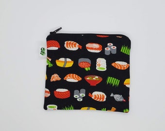 Padded Zip Pouch purse Gadget Coin Case Face Mask Case- Black Japanese Sushi tamago california roll asian print