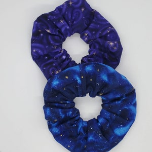 Stargazers Hair Scrunchie Beautiful Purple or Blue Gold Stars Print
