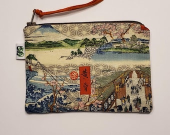 Padded Zip Pouch purse Gadget Coin Case with leather pull Japanese Asian print Hokusai Kanagawa inspired print
