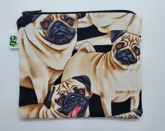 Padded Zip Pouch purse Gadget Coin Case - Playful Pug Dogs print