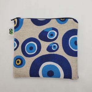 Evil Eye Zipper Pouch – Boho Makeup Bag, Turkish Travel Organizer, Canvas Coin Purse, Geometric Blue Gift for Her