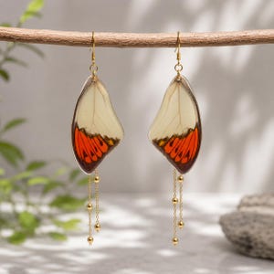 Örhängen med äkta fjärilar, orange vinge boho-hängen, andligt ljus, högenergisk naturgåva, etisk
