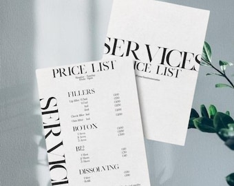 Plantilla de lista de precios descarga instantánea digital en crema y negro, estética elegante, plantilla de lista de precios personalizable, lista de precios para imprimir en redes sociales
