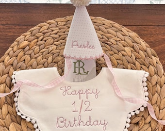 The Classic Celebration Set - Party Hat + Bib | Embroidered Custom Half Birthday Heirloom Keepsake