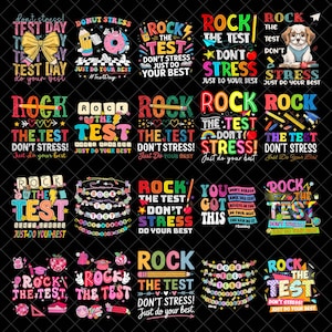 Puede incluir: Una colección de diseños gráficos coloridos con texto, incluyendo frases como "Don't Stress" y "Rock the Test". Los diseños presentan varios elementos como lápices, rosquillas y un perro con gafas, todo sobre un fondo negro.