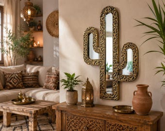 Cactus Wall Mirror, Boho Desert Decor, Handmade Moroccan Mirror, Southwestern Wall Art, Unique Home Decoration