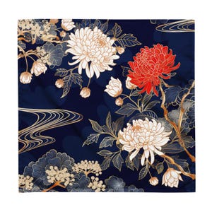May include: Square textile with a dark blue background featuring a floral pattern. The design includes white and red chrysanthemums with gold outlines, along with gold-colored water motifs and foliage.