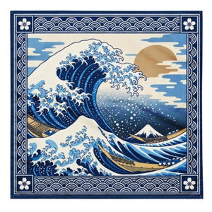 Japanese Daruma Bandana, Lucky Charm Floral Scarf, Red Navy