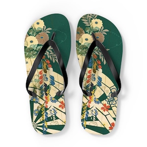 Japanese Ukiyo-e Cherry Blossom Grass Design Dark Green Beach Sandals - Handmade Artisan Flip Flops for Women & Men