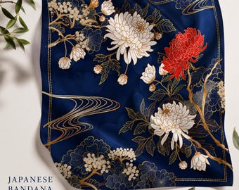 Japanese Sakura & Kiku Bandana | Navy Kimono Floral Scarf | Chrysanthemum Cherry Blossom Pattern | Traditional Japan Gift