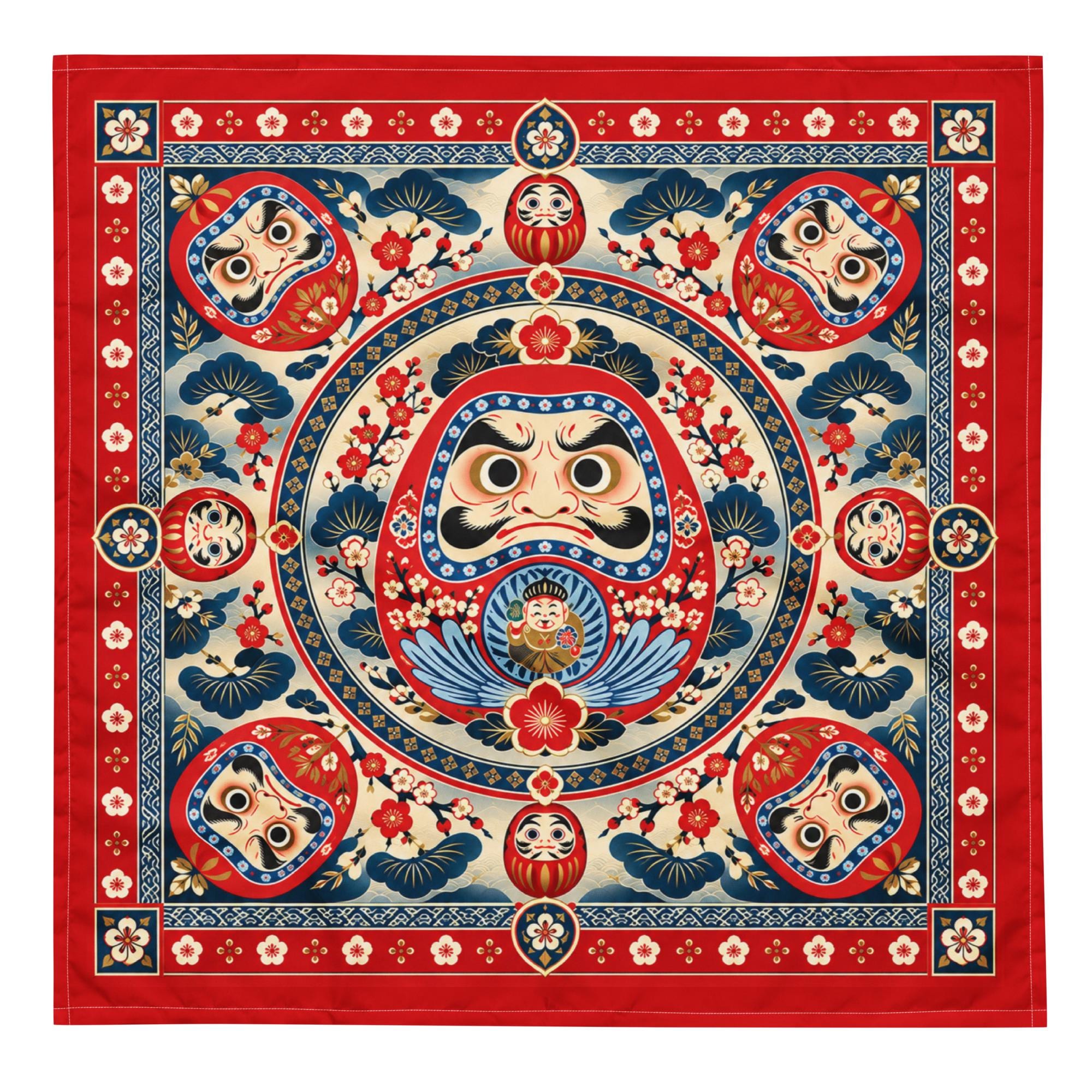 Japanese Daruma Bandana, Lucky Charm Floral Scarf, Red Navy