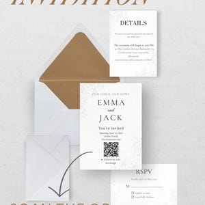 Invito di nozze modificabile con codice QR per messaggio vocale - Modello di invito digitale moderno - Scheda RSVP e dettagli inclusa
