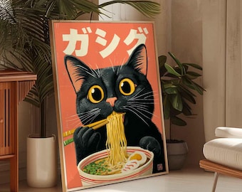 Black Cat Ramen Poster Print: Kawaii Japanese Kitchen Art
