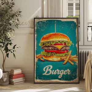 Burger Hamburger Rustic Poster Print or Canvas Wall Art Kitchen Decor Vintage Food Photography Wall Hanging Gift Idea