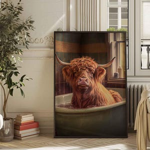 Arte mural de vaca de las Highlands en la bañera: divertido póster de animales de granja, decoración rústica para baño, lienzo de toro de las Highlands, regalo para él y para ella