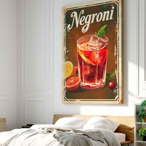 Impresión artística de pared de cóctel Negroni: póster de alcohol para decorar el bar del hogar, disponible en lienzo o papel, regalo con tipografía minimalista moderna de bebida.