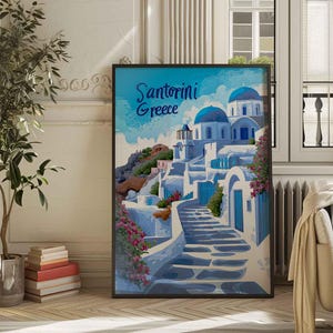Stampa artistica mozzafiato del tramonto di Santorini, Grecia - Iconiche cupole blu, villaggi bianchi e decorazione murale del Mar Egeo, poster di viaggio nel Mediterraneo