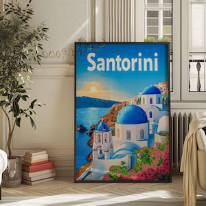 Stampa artistica del pittoresco villaggio di Santorini, Grecia - Decorazioni murali con iconiche cupole blu, case bianche e affascinanti gradini, poster di viaggio dell'isola greca