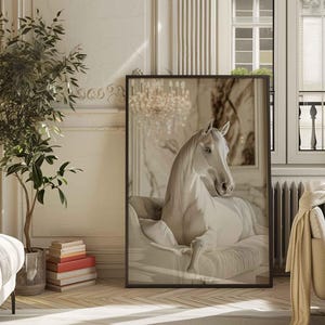 White Horse Wall Art Print, Elegant Horse Canvas Poster for Living Room Sofa Decor, Animal Artwork, Rustic Home Decoration