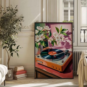 Retro Plattenspieler Print, Vintage Plattenspieler Wandkunst, 80er Jahre Musik Poster, Blumen Stillleben Leinwand, Orange und Rosa Dekor, Musik Liebhaber Geschenk