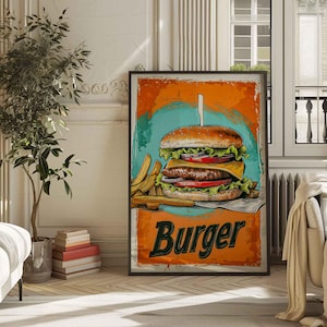 Impresión de arte de pared de hamburguesa y papas fritas, póster retro de comida, decoración de cocina, comida rápida, decoración de pared de comedor, regalo para amantes de la comida.