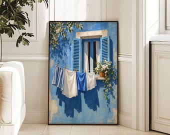 Blue Mediterranean Window Poster print, Coastal Laundry Wall Art, Home decor