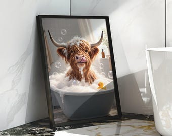 Funny Highland Cow Bathtub Wall Art – Cute Bathroom Decor Printable