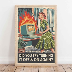 Vintage Tech Support Kunst Poster: 1950s Frau, Humorvolles IT Decor