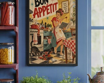 Bon Appétit Kitchen Poster print, Funny Retro Cooking Wall Art