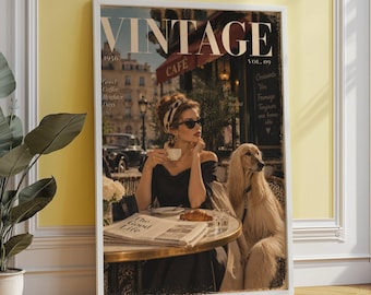 Vintage Paris Café Poster, Woman With Dog Coffee Wall Art
