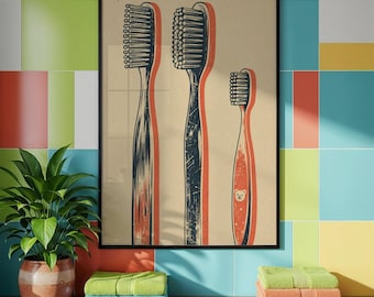 Retro Toothbrush Poster, Mid Century Bathroom Wall Decor, Quirky Dental Art