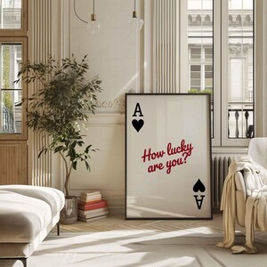 ¿Qué suerte tienes? Póster minimalista de naipes As de Corazones / Arte mural moderno en lienzo / Regalo romántico para el hogar, la oficina y la sala de juegos