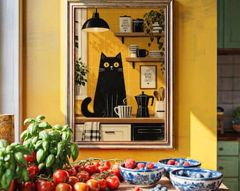 Kitchen Black Cat Poster Print, Coffee Breakfast decor, Steaming moka