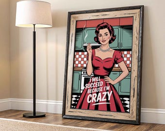 Arte de pared de mujer retro / Póster de arte pop vintage divertido / Impresión en lienzo peculiar
