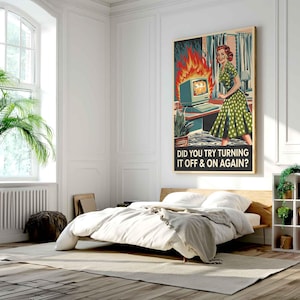 a bedroom with a poster on the wall