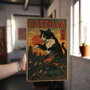 Catzilla Retro Japanese Monster Cat Poster: Animal Wall Art