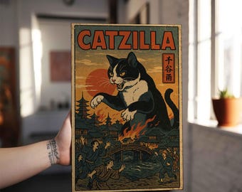 Retro Cat Monster Poster, Clawzilla, Giant Black Cat, Classic