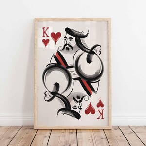 Impressão artística minimalista de Rei de Copas em tinta – pôster moderno de cartas de baralho para sala de jogos, decoração de pôquer, arte de parede com desenho de linha abstrata