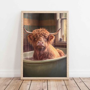 Arte mural de vaca de las Highlands en la bañera: divertido póster de animales de granja, decoración rústica para baño, lienzo de toro de las Highlands, regalo para él y para ella