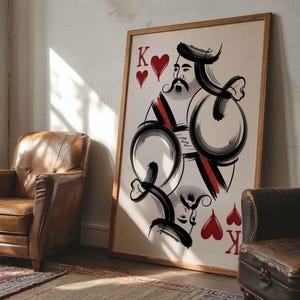 Impresión artística minimalista de Rey de Corazones en tinta: póster moderno de naipes para sala de juegos, decoración de póker, arte mural con dibujo lineal abstracto