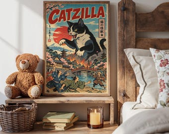 Catzilla Vintage Japanese Monster Cat Poster | Retro Kaiju Cat Wall Art Printable