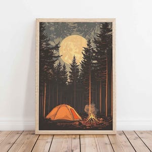 Serene Camping Under Majestic Full Moon Poster - Cozy Tent & Crackling Campfire Night Sky Nature Wall Art for Outdoor Enthusiast Decor
