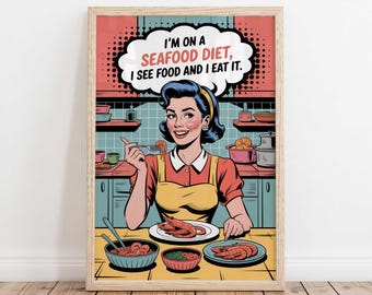 Funny Retro Kitchen Poster | Seafood Diet Pop Art Wall Print | Vintage Humor Decor